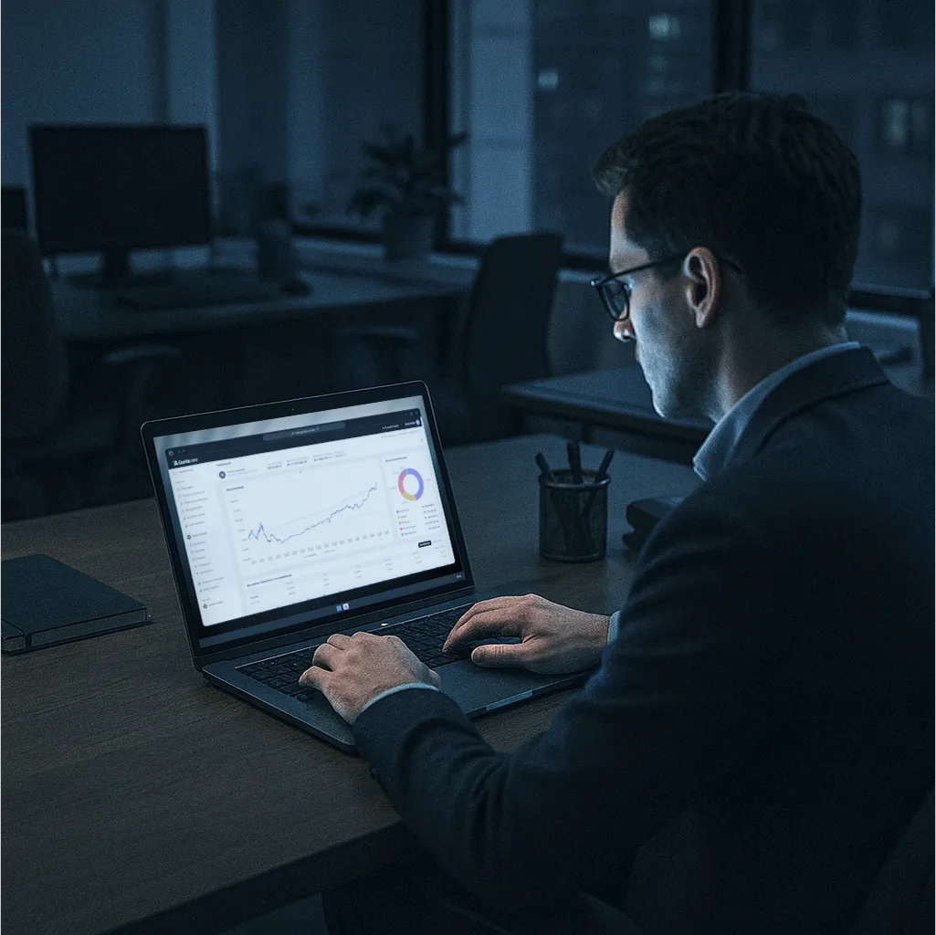 Homem engravatado olhando para um computador com o Gorila View na tela.