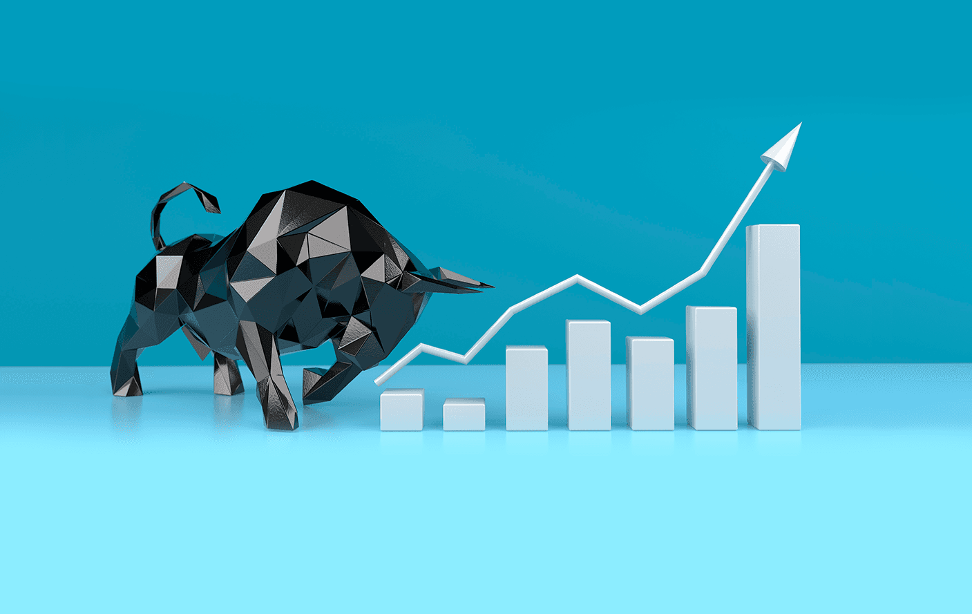 Melhores ações de 2021: escultura de touro ao lado de gráfico onde se vê a rentabilidade das ações subindo