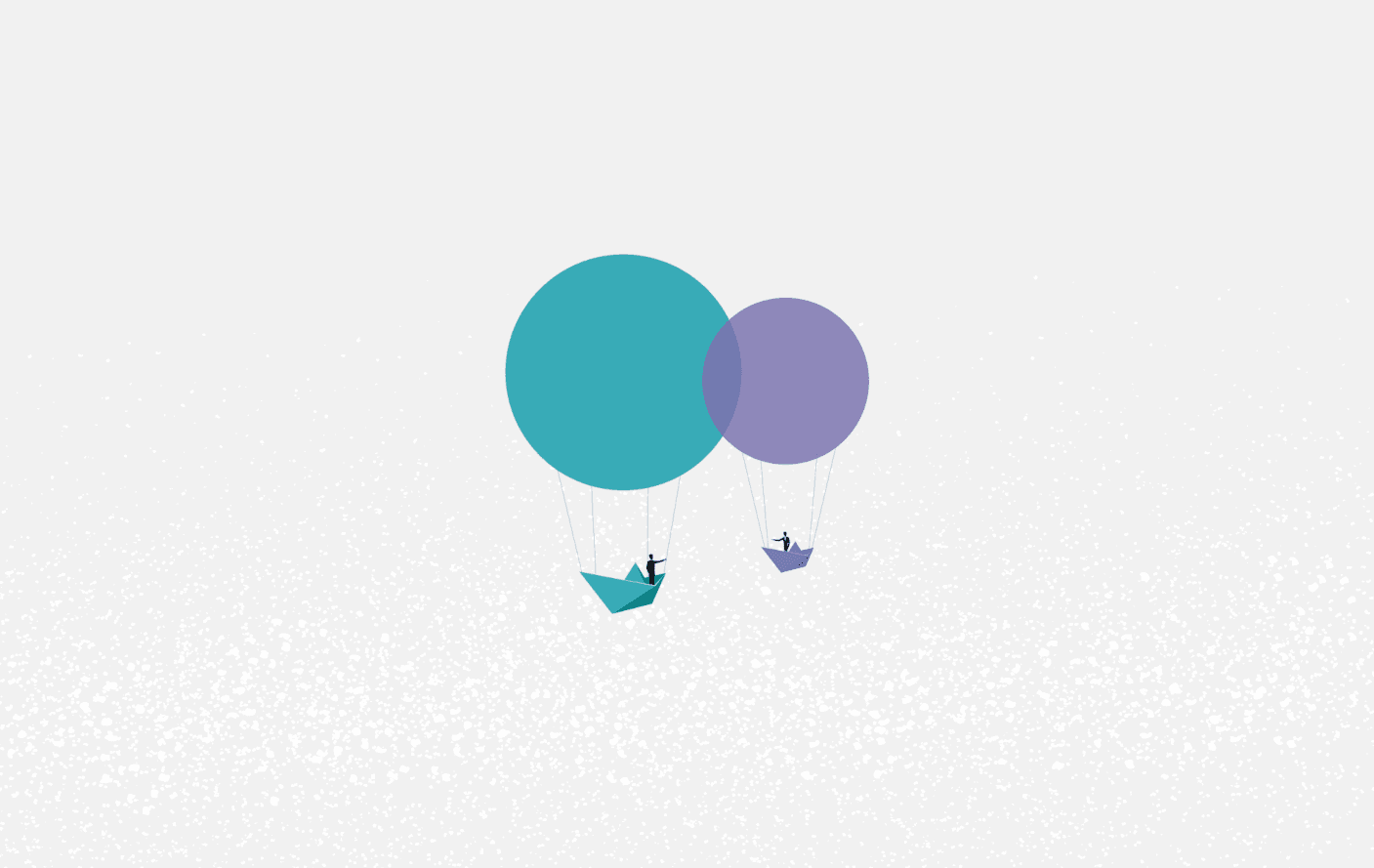 Balão verde e balão lilás, carregando uma pessoa cada um, se encontram e formam uma intersecção. O ponto comum representa o que é partnership - parceria.