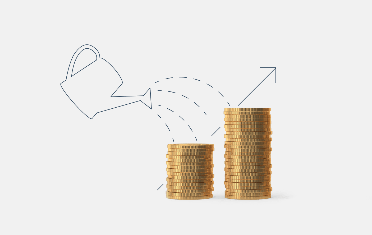 Ilustração com moedas sendo regadas para se multiplicarem, transmitindo o conceito de asset management (gestão de ativos).