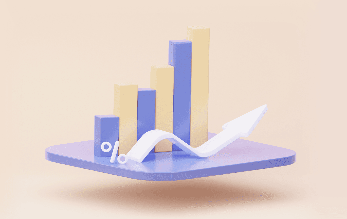 fundo cor salmão com imagem em 3D e cores pastéis, uma base roxa pastel com gráficos crescentes intercalando entre roxo pastel e laranja pastel. Na frente do gr[afico tem uma seta branca deitada ilustrando o crescimento dos investimentos. Na lateral esquerda há o símbolo de porcentagem ilustrando a taxa de custódia.