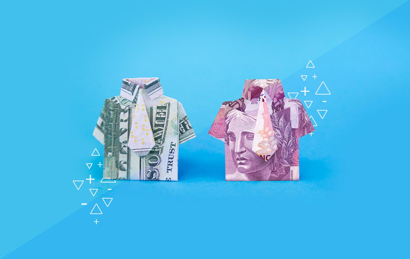 Taxa de câmbio: fundo azul com duas notas de dinheiro, um dólar e uma nota de cinco reais. As notas estão dobradas em formato de camisa social.