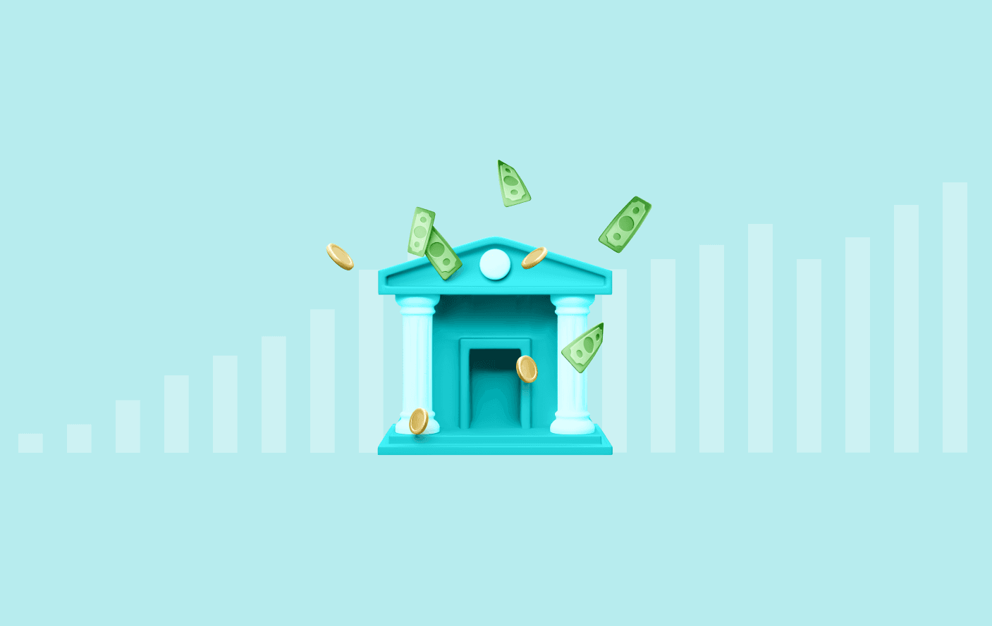 Imagem que mostra um banco no centro, com moedas e notas saindo dele. Ao fundo, um gráfico de colunas crescente em plano de fundo azulado.