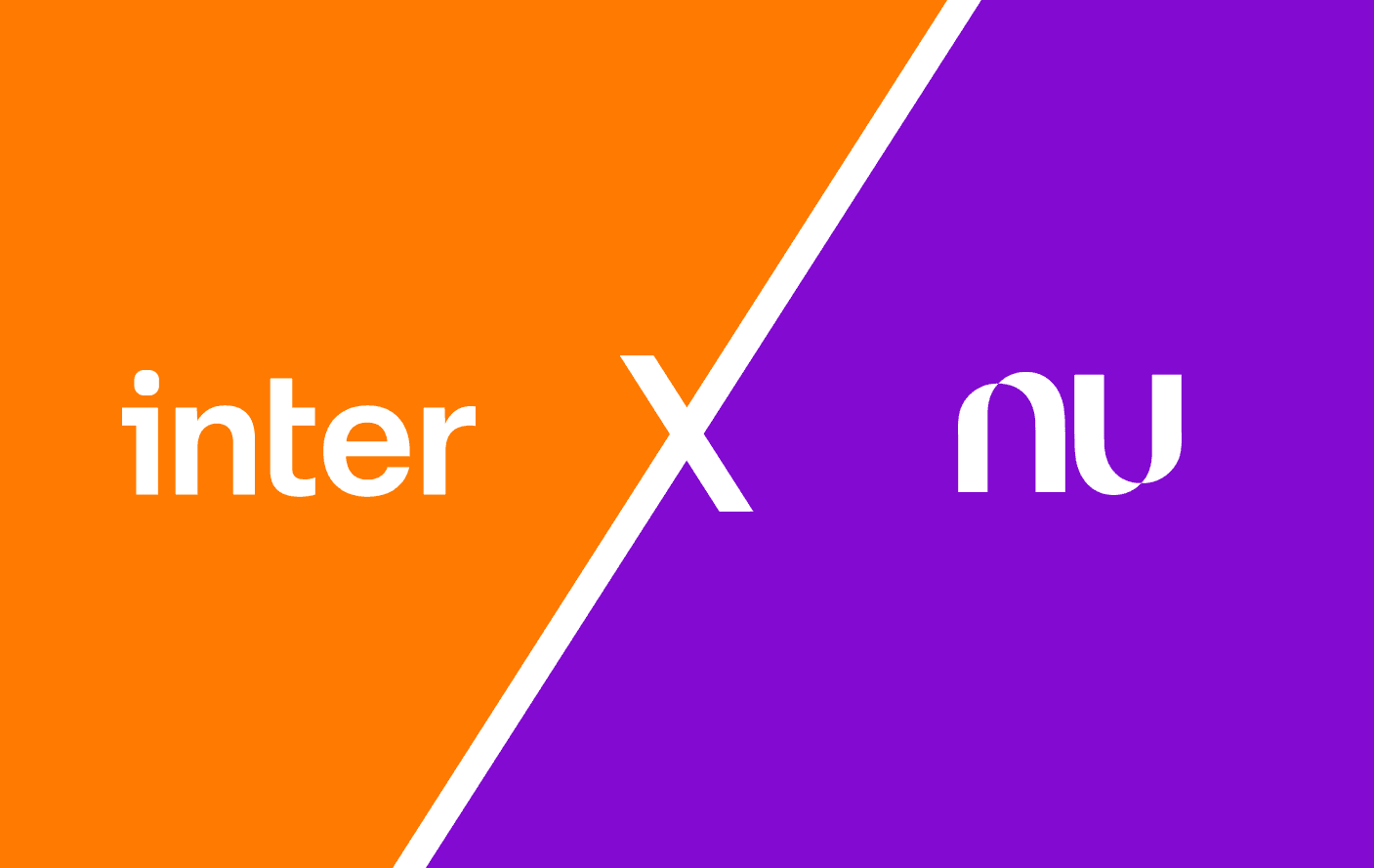 Arte com os logos do Banco Inter (em laranja) e Nubank (em roxo) divididos por um sinal de versus branco no centro da tela.
