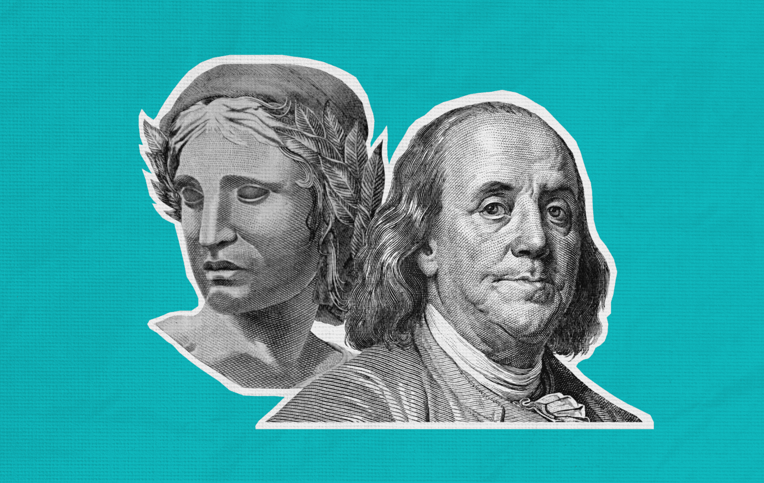 Fundo azul com destaque à efígie simbólica da nota do real e a George Washington, figura impressa nas notas de dólar.