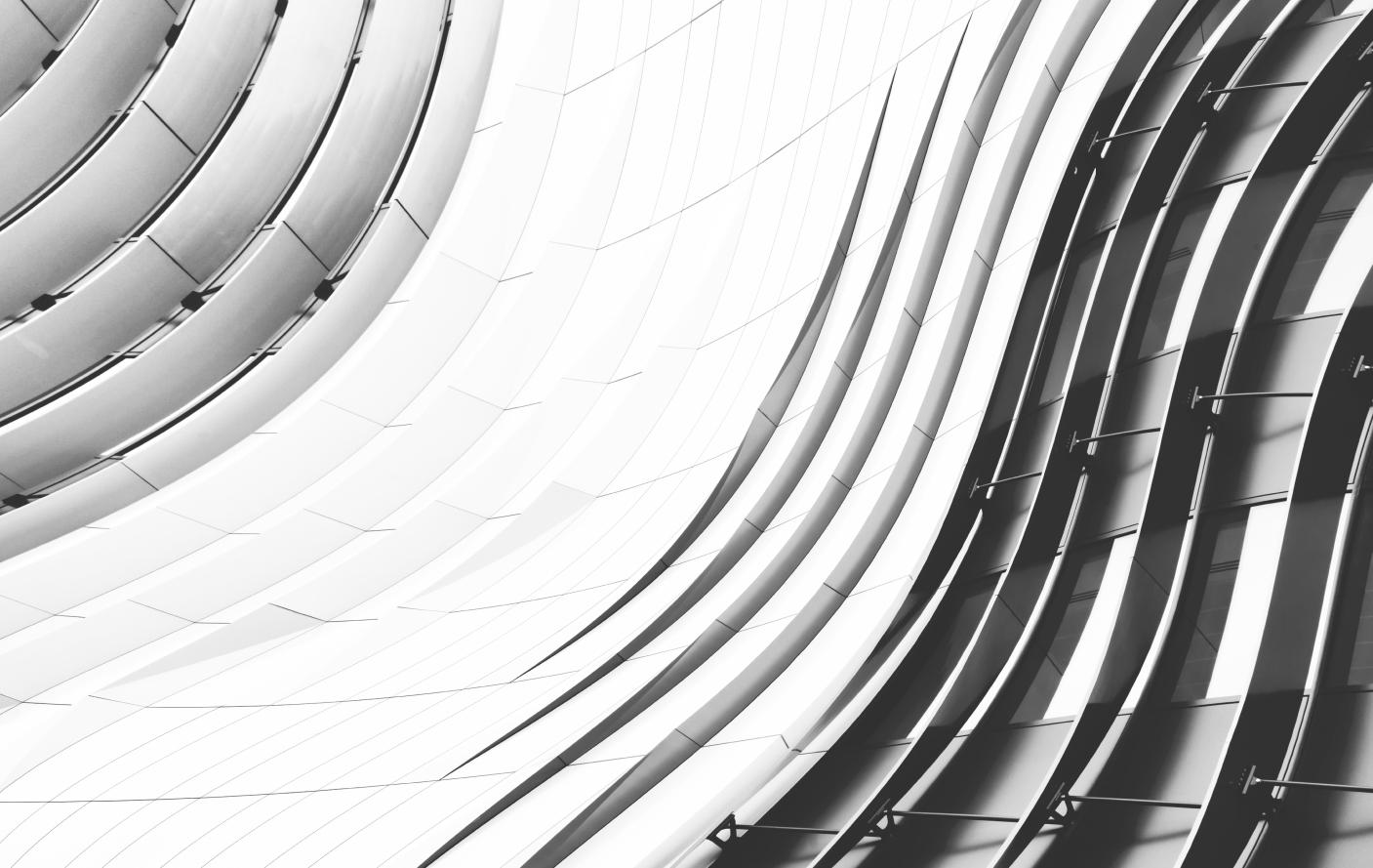 Arte abstrata com curvas arquitetônicas em preto e branco