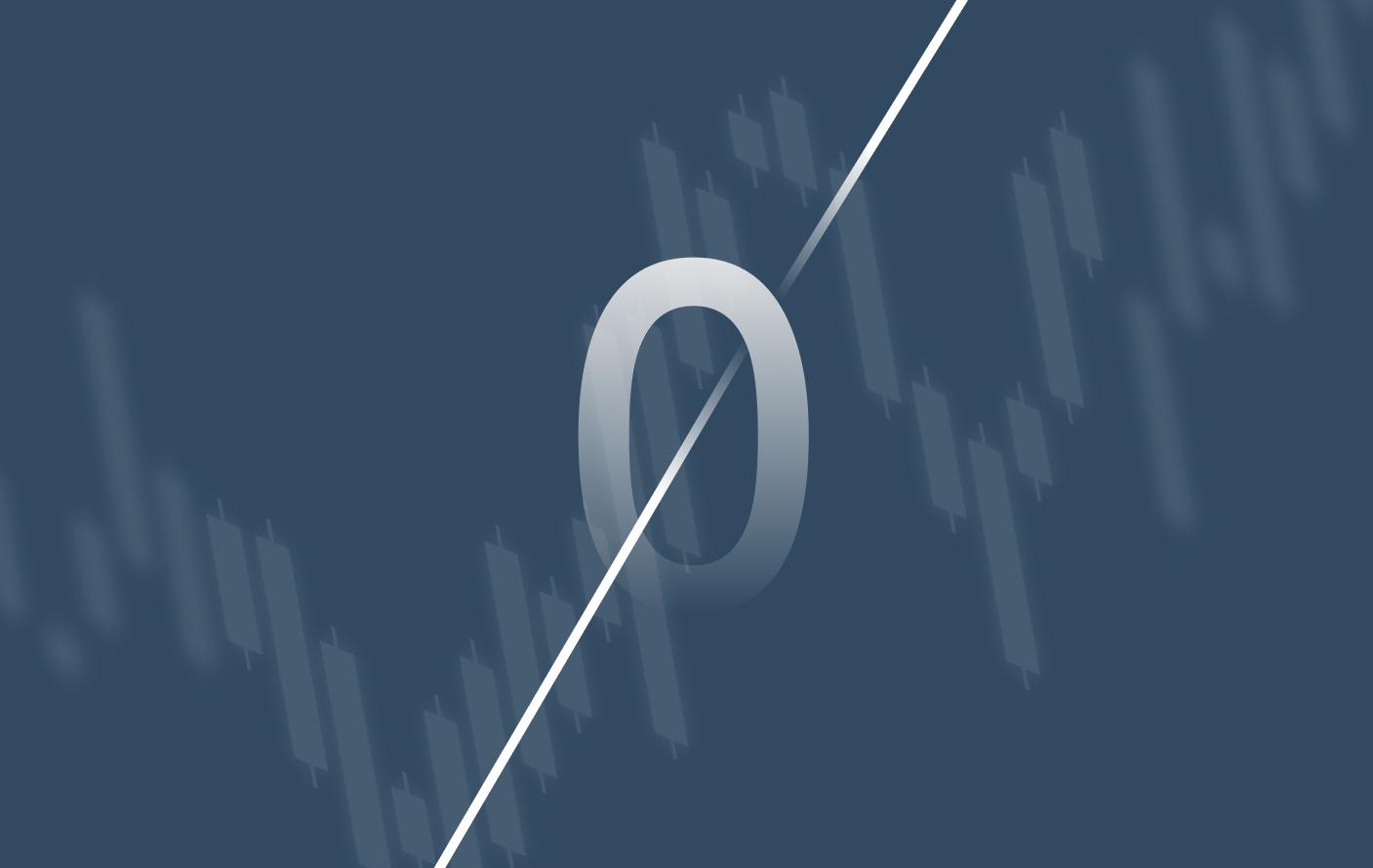 imagem em cinza azulado mostrando ao fundo um gráfico candlestick de investimentos e, na frente, um zero cortado ilustrando a corretagem zero.
