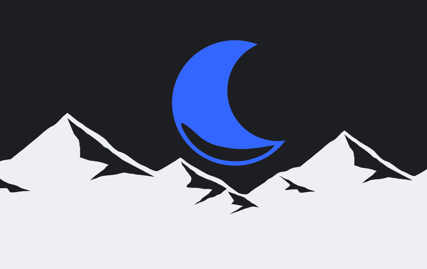 Arte com Lua crescente sobre montanhas brancas em meio ao fundo preto com estrelas azuis ilustrando o final do dia com o Fechamento de Mercado do Gorila.