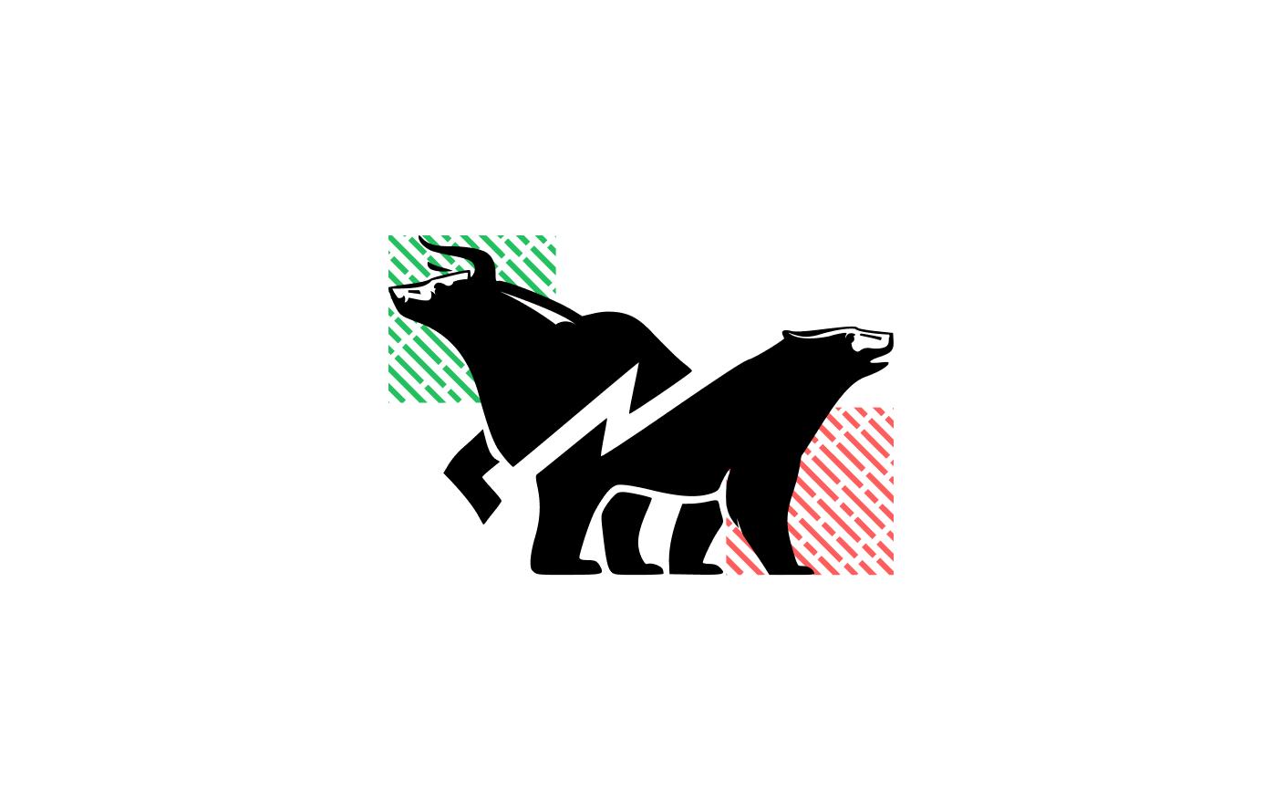 Arte com touro e urso pretos cruzados por um raio, representando o período de alta e baixa do mercado, respectivamente