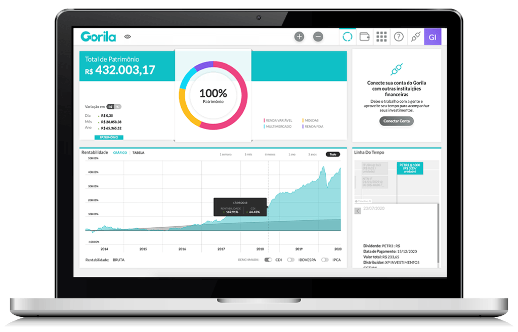 Notebook mostrando a tela principal da plataforma de controle de investimentos