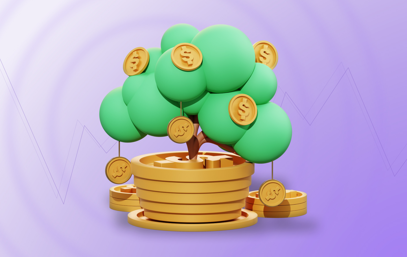 Ilustração 3d de uma árvore onde os frutos são moedas