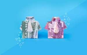 Taxa de câmbio: fundo azul com duas notas de dinheiro, um dólar e uma nota de cinco reais. As notas estão dobradas em formato de camisa social.