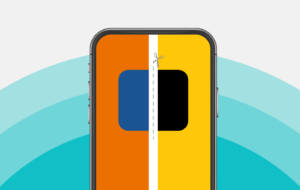 XP: imagem mostra tela do celular com cores do itaú e da xp sendo separadas por uma tesoura.