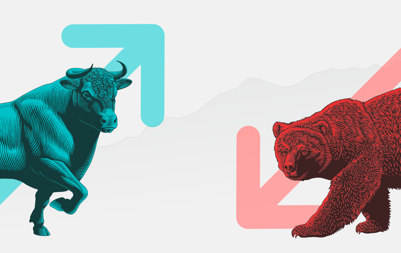 Bull market e bear market: imagem mostra um touro azul com uma seta subindo e um touro vermelho com uma seta descendo.