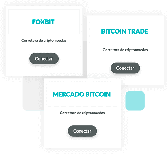 Três quadrados os nomes de corretoras de criptomoedas em cada um: Foxbit, Bitcoin Trade e Mercado Bitcoin