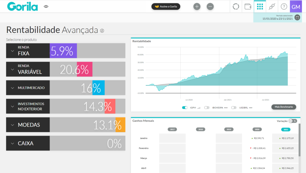Tela de rentabilidade avançada do Gorila trazendo os investimentos divididos entre as classes, incluindo a poupança, e gráfico de rentabilidade